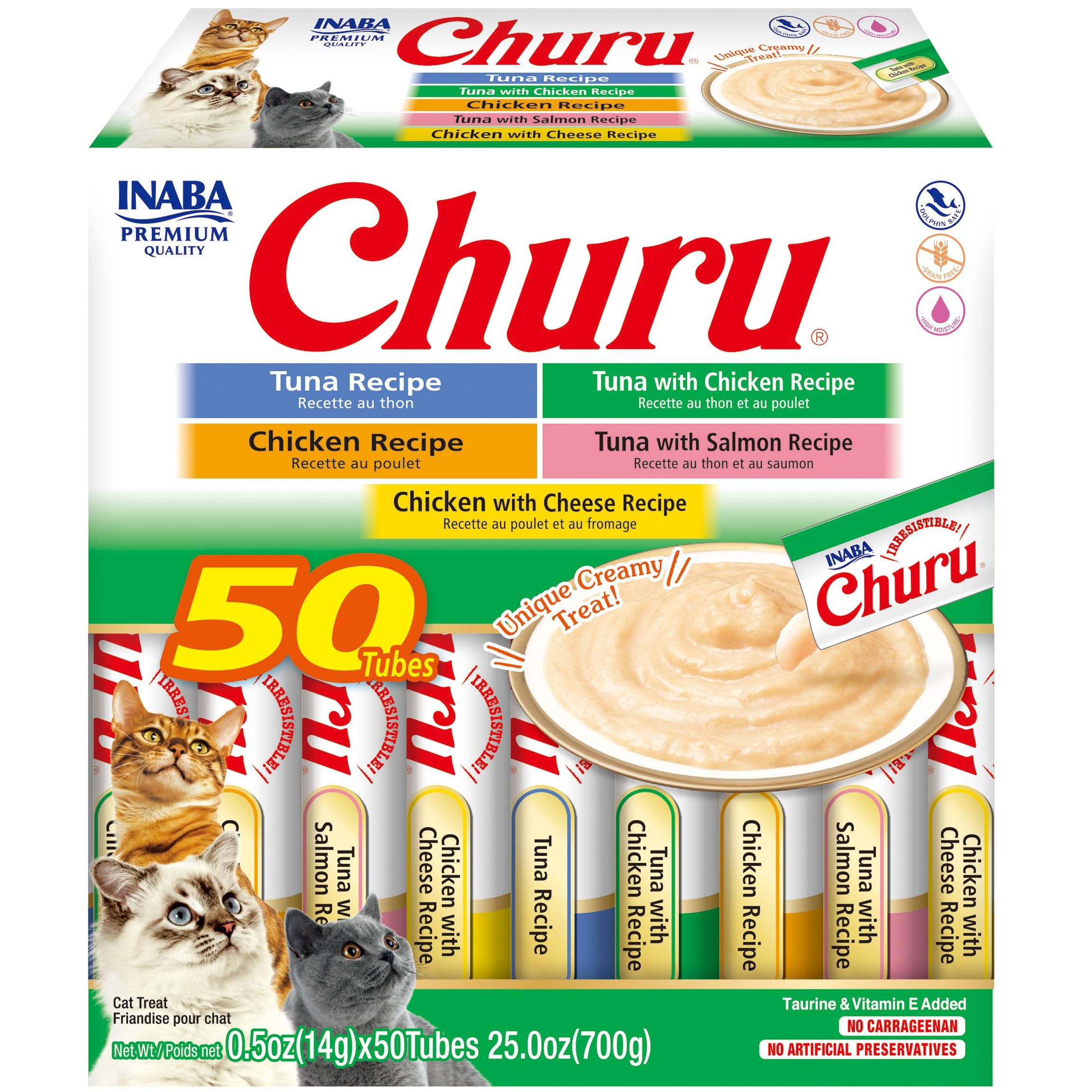 INABA Churu tube purée crèmeuse au thon et poulet, humidité élevée.