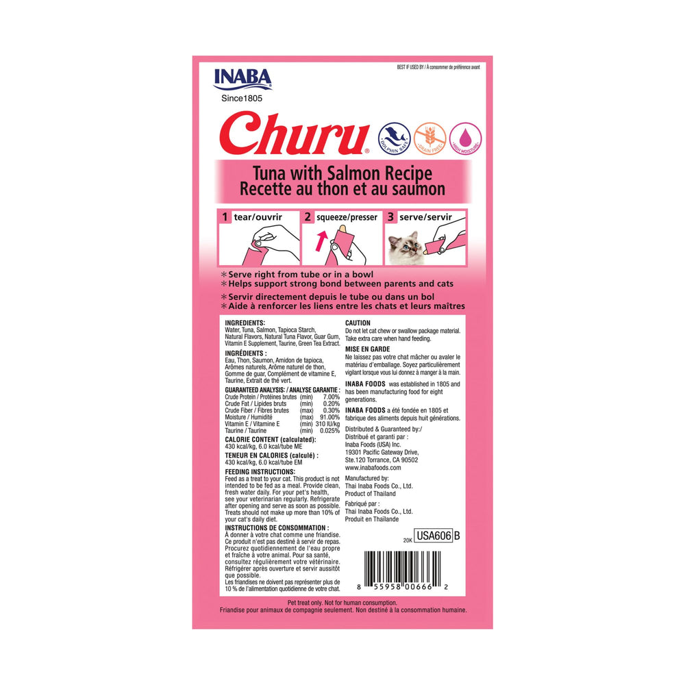 INABA Churu Thon au Saumon Purée crèmeuse dans un tube interactif.