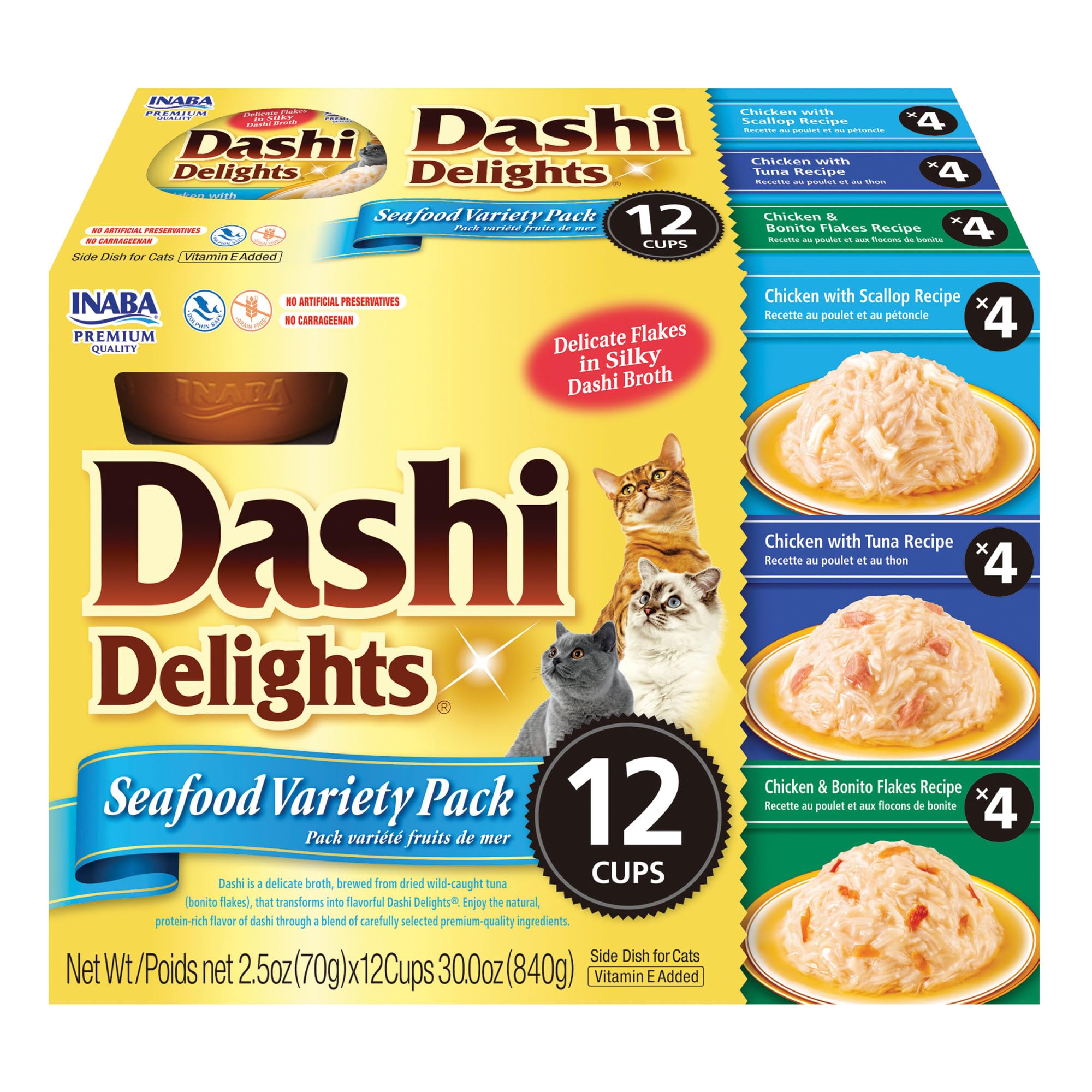 Coupe INABA Dashi Delights: chat dégustant poulet et bonito.