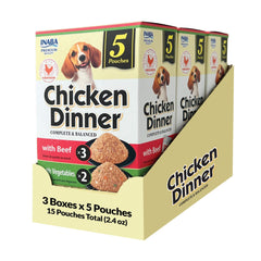 INABA Dîner Poulet, sachet ouvert, repas pratique et hydratant pour chien.