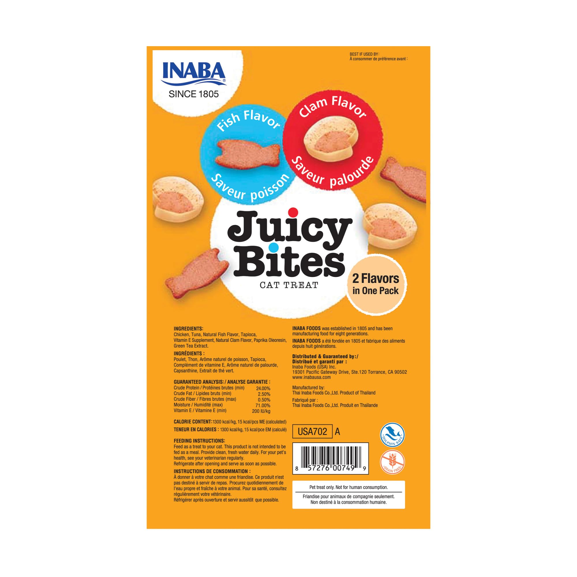 INABA Juicy Bites contient vitamine E et extrait de thé vert, option nutritive pour les chats.
