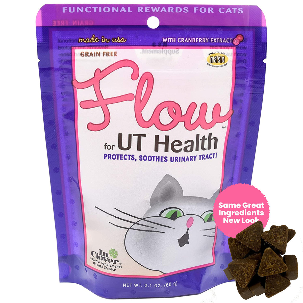 In Clover Flow, bouteille montrée, soutien potentiel à la santé urinaire du chat, pratique.