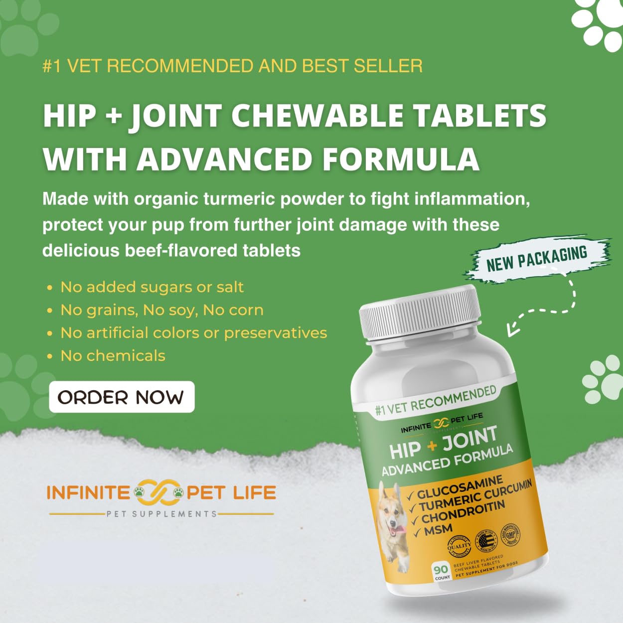 Infinite Pet Supplements – chien en mouvement, soutien articulation et flexibilité.