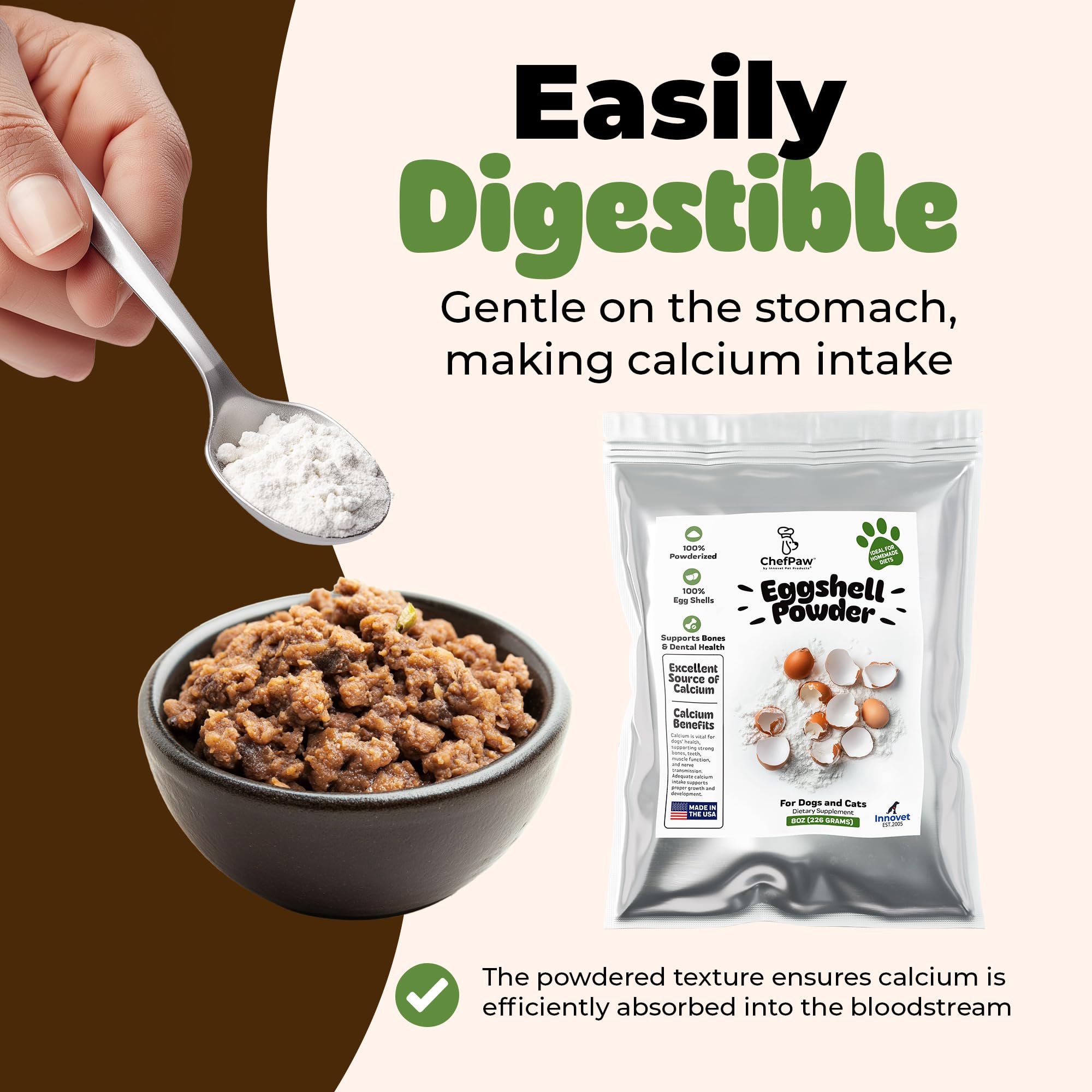 Innovet ChefPaw poudre coquille d'œuf, étiquette nutritionnelle visible.