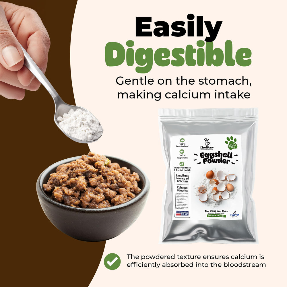 Innovet ChefPaw poudre coquille d'œuf, étiquette nutritionnelle visible.
