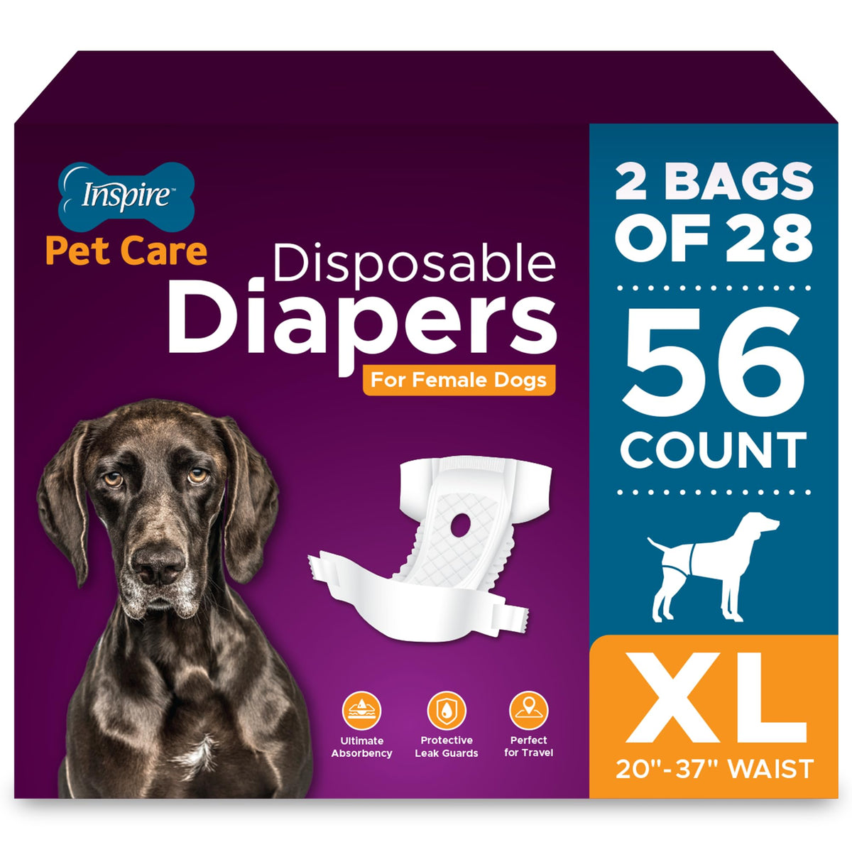 Couches Inspire Pet Care pour chienne femelle taille XL, lot de 56 pour plus d'autonomie.