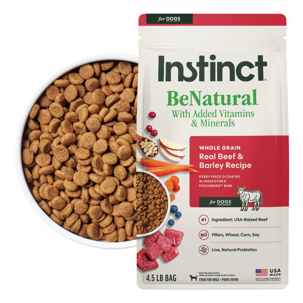 Instinct BeNatural croquettes boeuf réel et orge, texture naturelle et appétence.