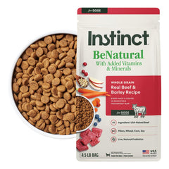 Instinct BeNatural croquettes boeuf réel et orge, texture naturelle et appétence.