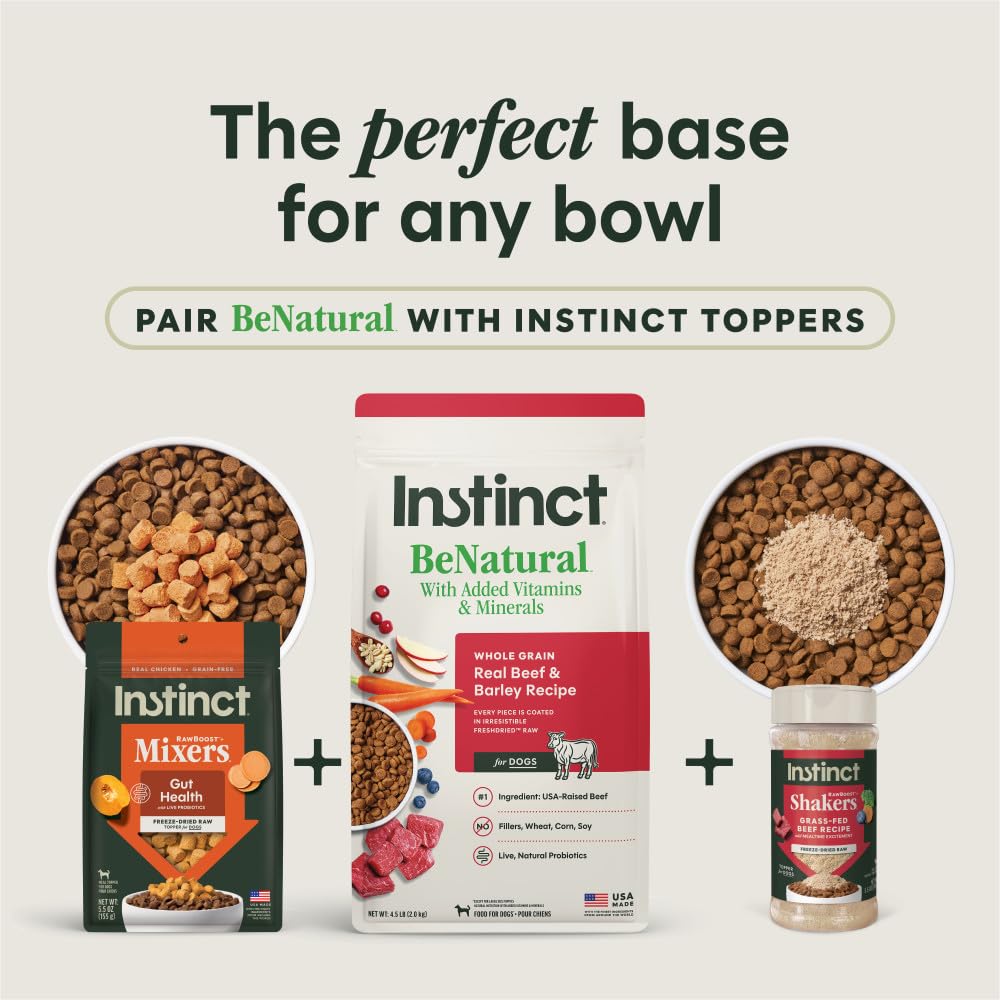 Instinct BeNatural croquettes riches en protéines et grains entiers.