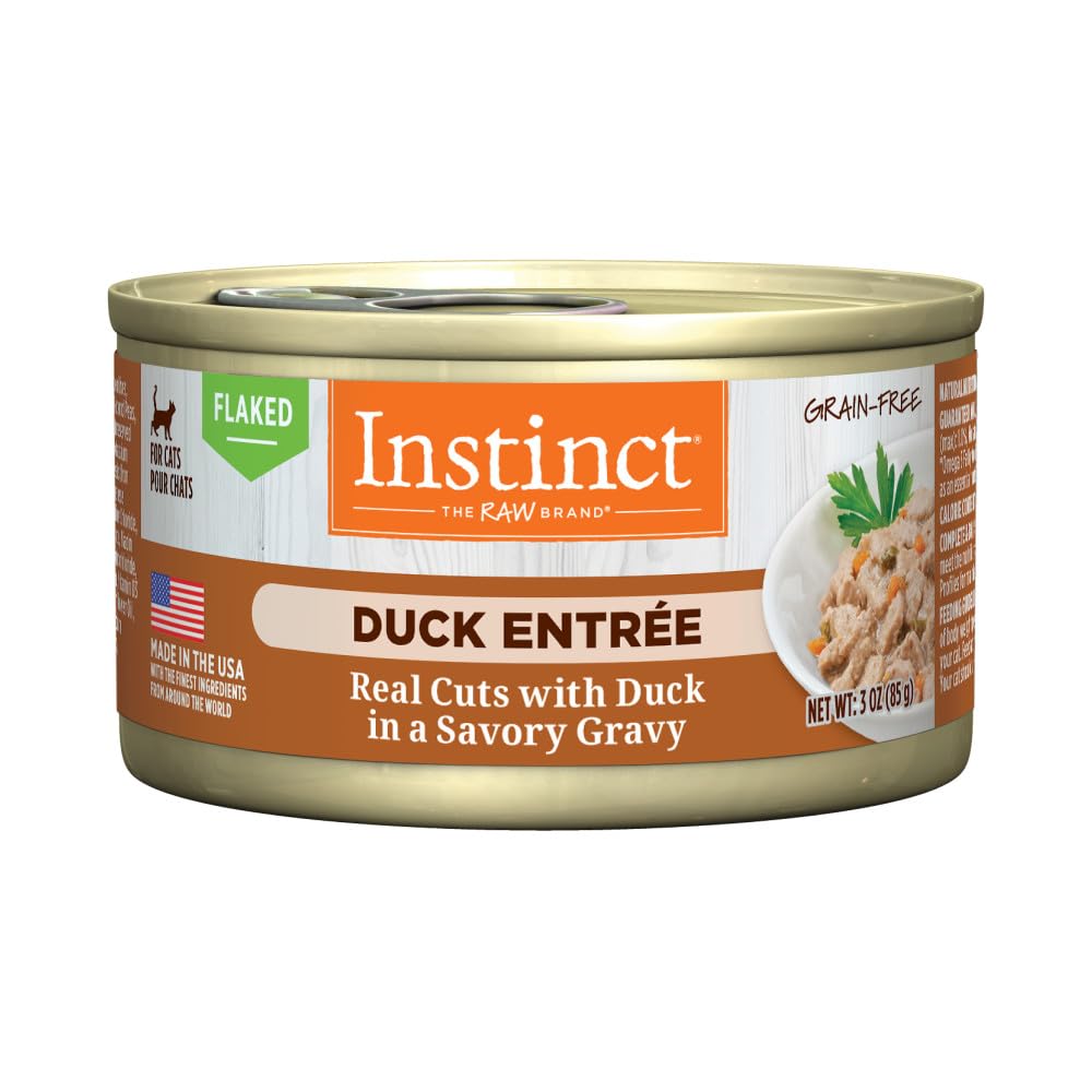 Instinct Canard: morceaux emince en conserve dans une sauce savoureuse, nutrition riche.