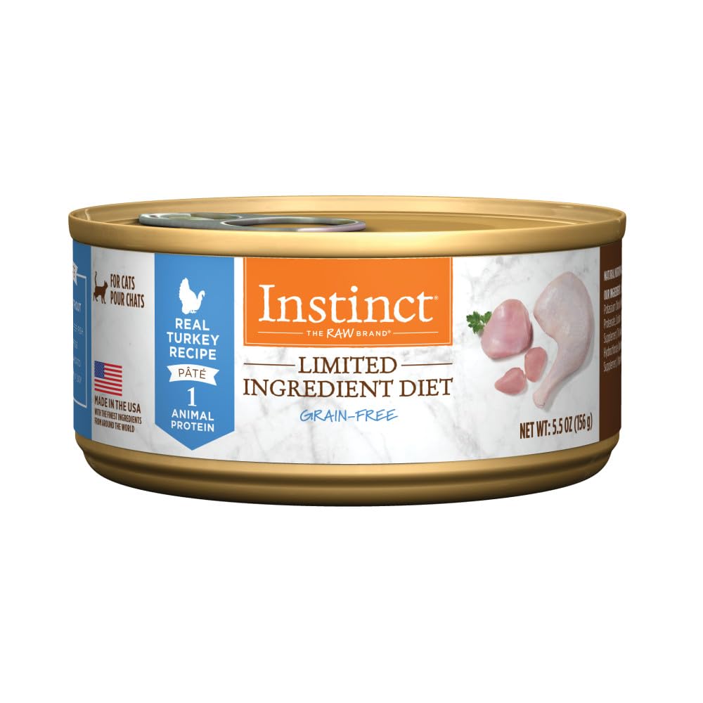 Instinct: pâte dinde, ingrédients limités, idéal pour sensibilité alimentaire.