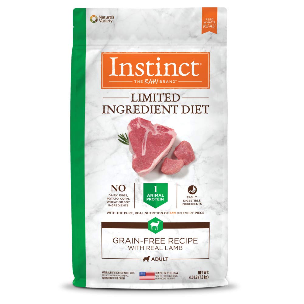 Instinct croquettes ingrédients limités à l'agneau, nutrition simple adaptée.
