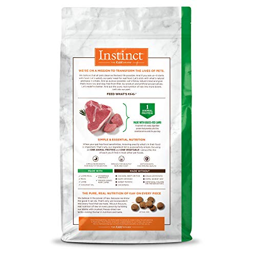 Instinct emballage croquettes agneau, présentation claire d'un régime sans céréales.