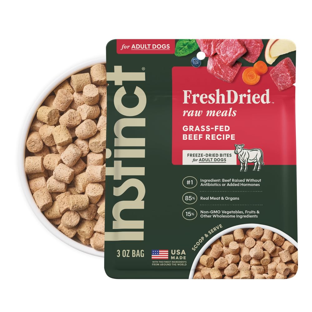 Instinct FreshDried Bites — boîte ouverte prête à nourrir des muscles solides.