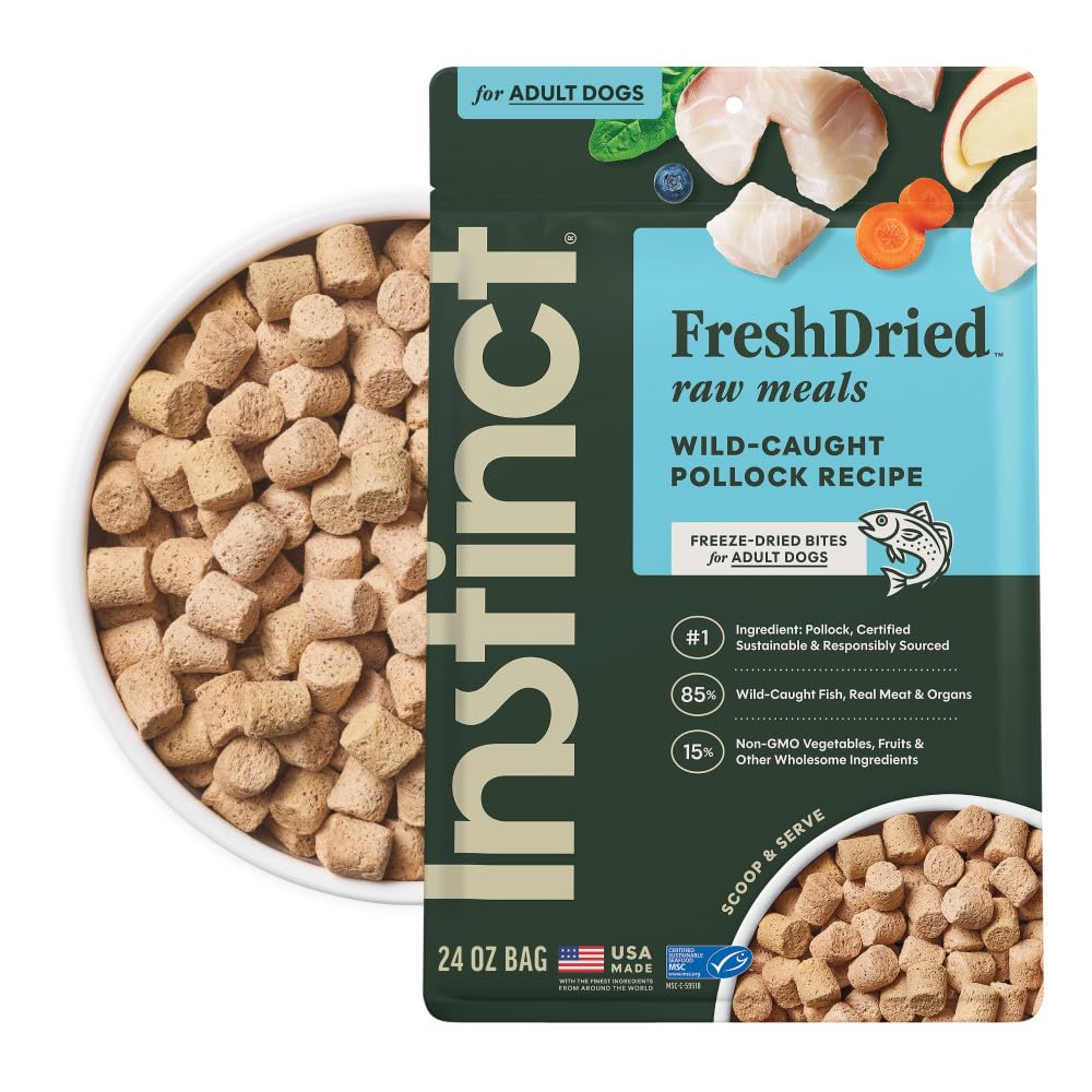 Instinct FreshDried Bites : sac pollock, nourriture canine pratique et savoureuse.