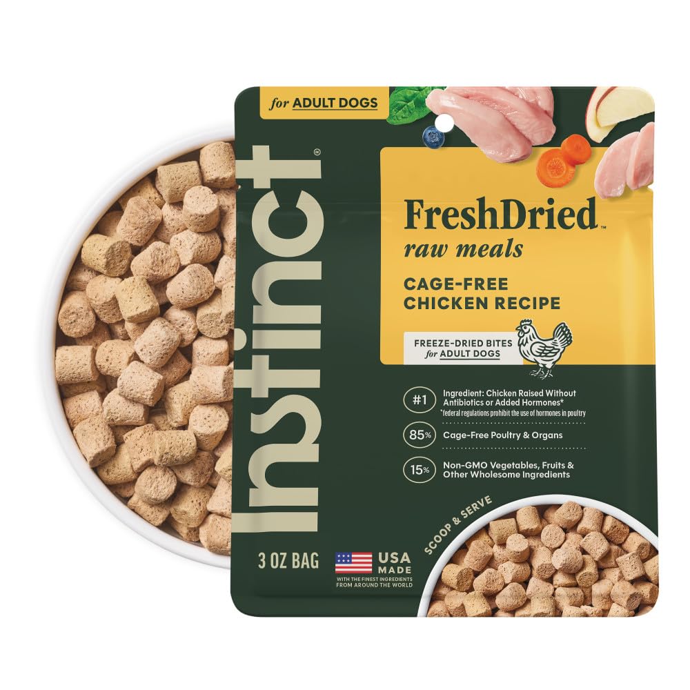 Instinct FreshDried Bites, sachet 3oz, pratique pour les repas en déplacement.
