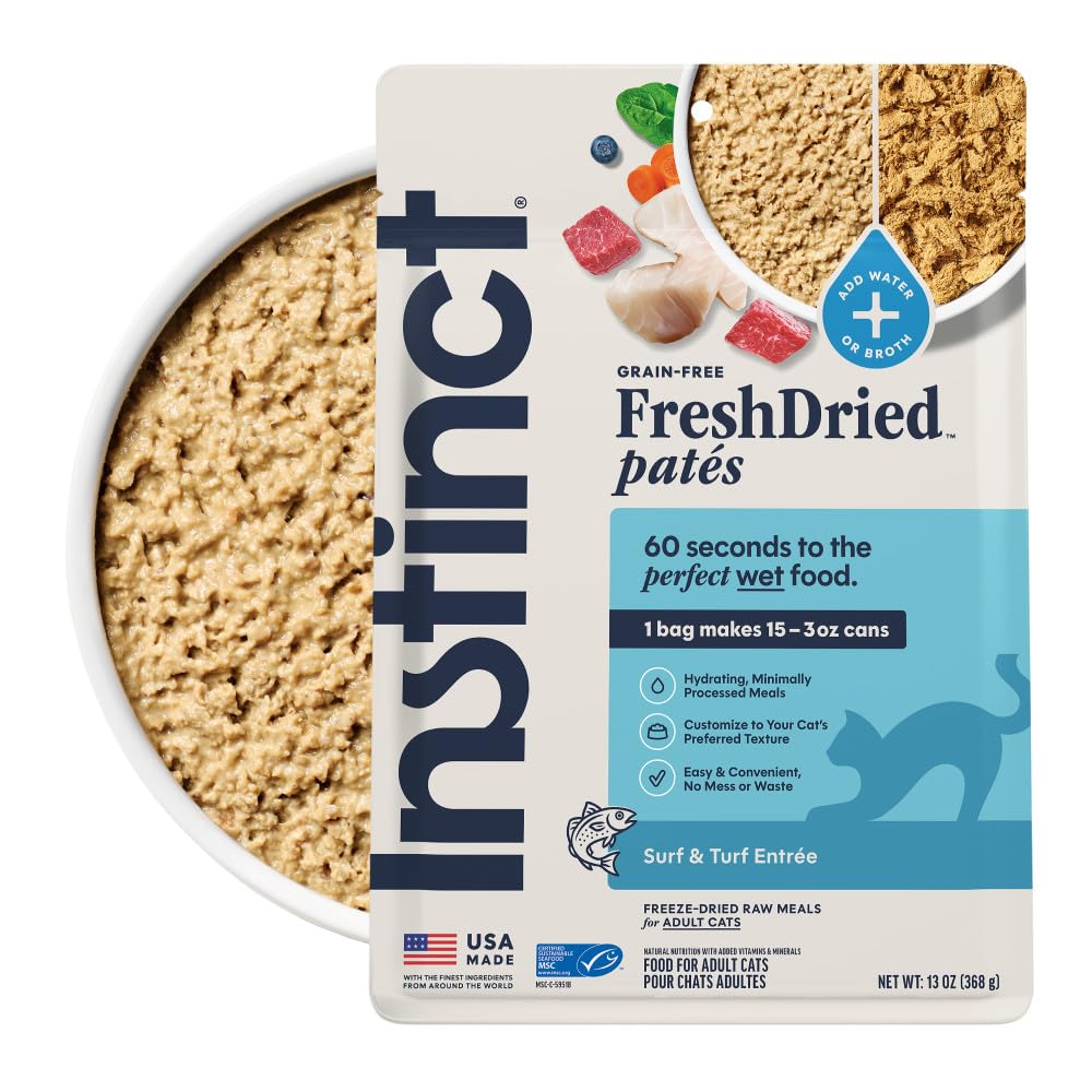 Instinct FreshDried Pâtés emballage 13-onces pratique et peu encombrant.