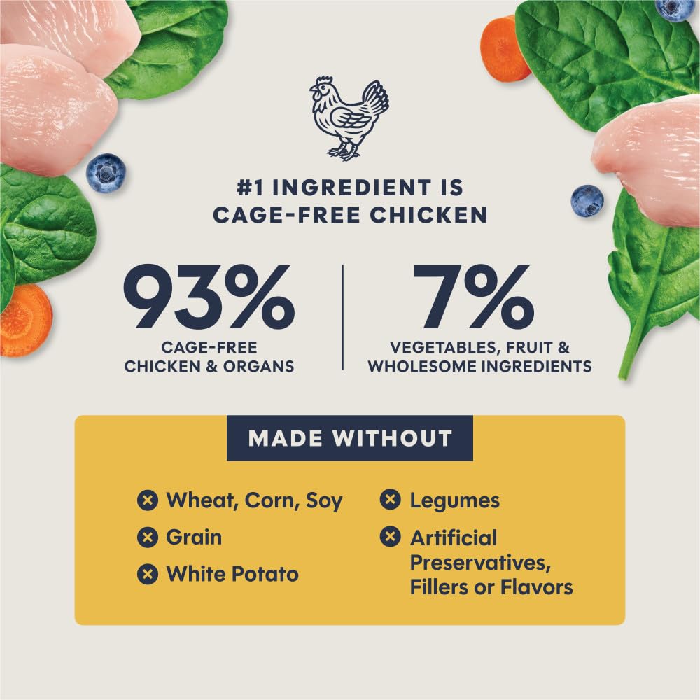 Pâtés sans céréales à base de poulet cage-free pour chats sensibles.