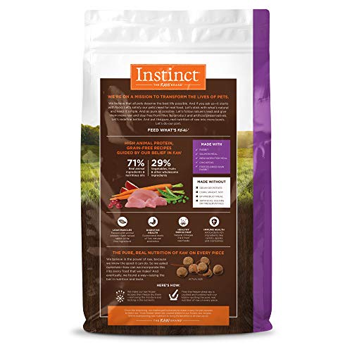 Instinct Original croquettes sans céréales avec protéines élevées pour chiens actifs.