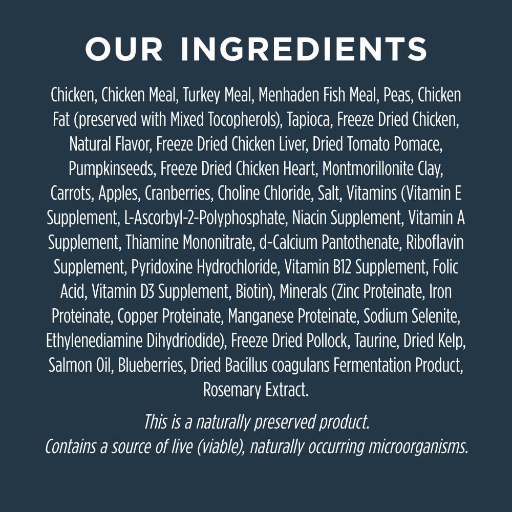Instinct Raw Boost ingredients naturels : sans cereales ni additifs artificiels.
