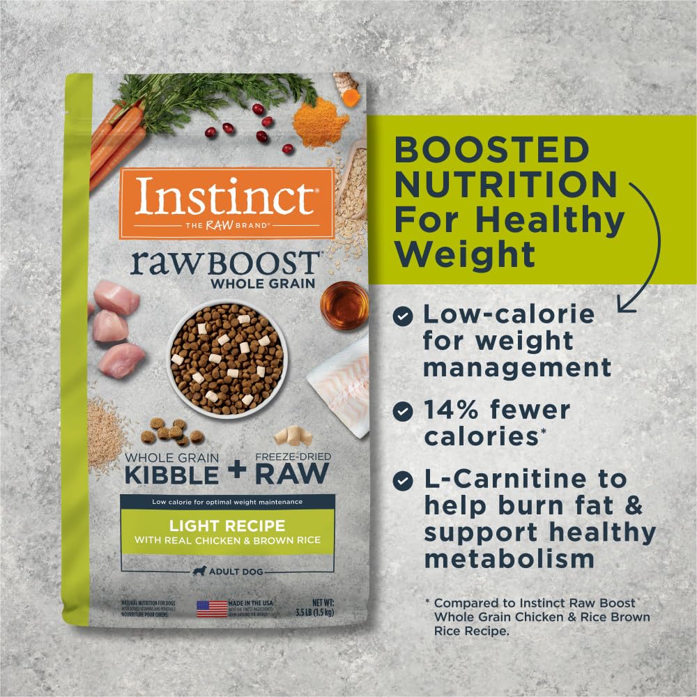 Instinct Raw Boost Light protéine élevée – poulet réel pour énergie et vitalité.