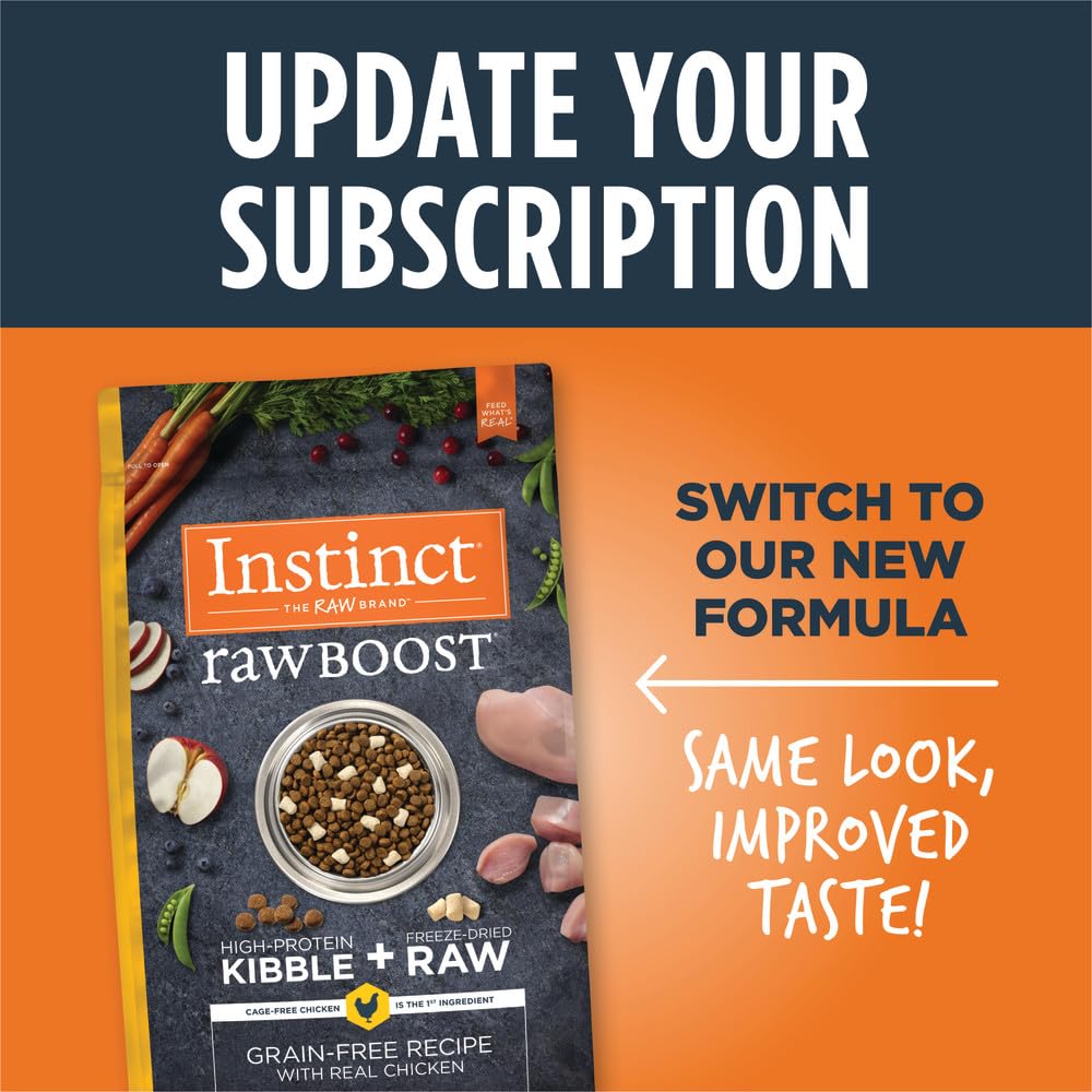 Instinct Raw Boost morceaux croquants-seches poulet: texture variée et saveur riche.