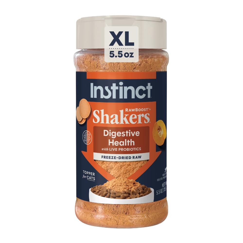 Instinct Raw Boost Shakers, bouteille lyophilisée, nutrition pratique et probiotiques vivants.