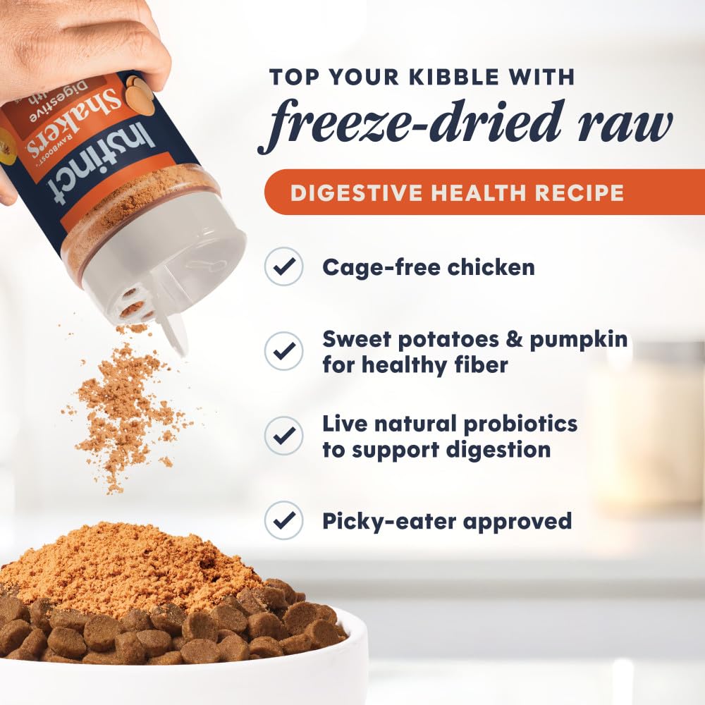 Instinct Raw Boost Shakers, saupoudré sur croquettes, ajout de goût et fibres utiles.