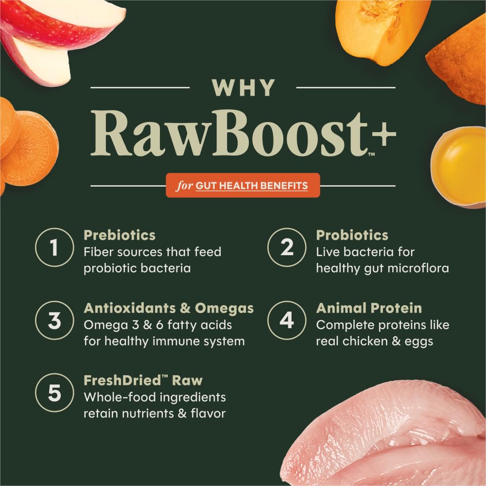 Croquettes et morceaux crus frais d Instinct RawBoost dans le bol, texture variée.