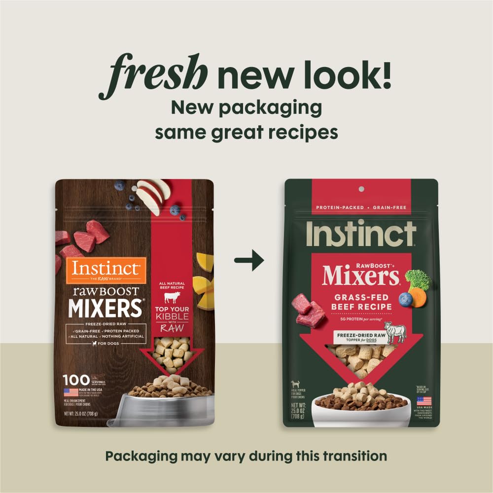 Instinct RawBoost Mixers utilise des ingrédients naturels avec bœuf et légumes non-OGM.