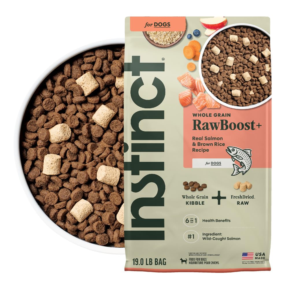 Instinct RawBoost – paquet saumon et riz brun, nutrition complète prête à être servie.