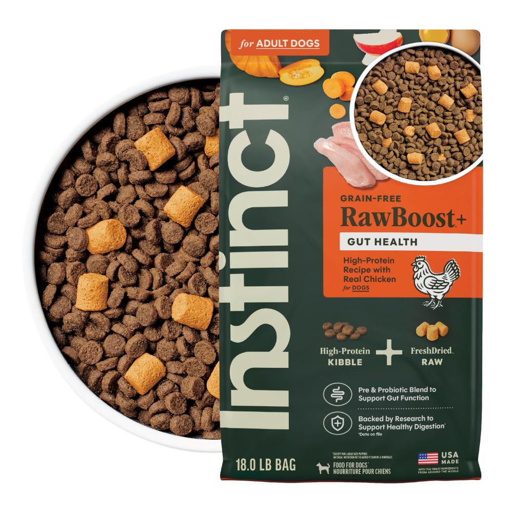 Instinct RawBoost, vue du sac, alimentation naturelle sans céréales pour chien, soutien digestion.