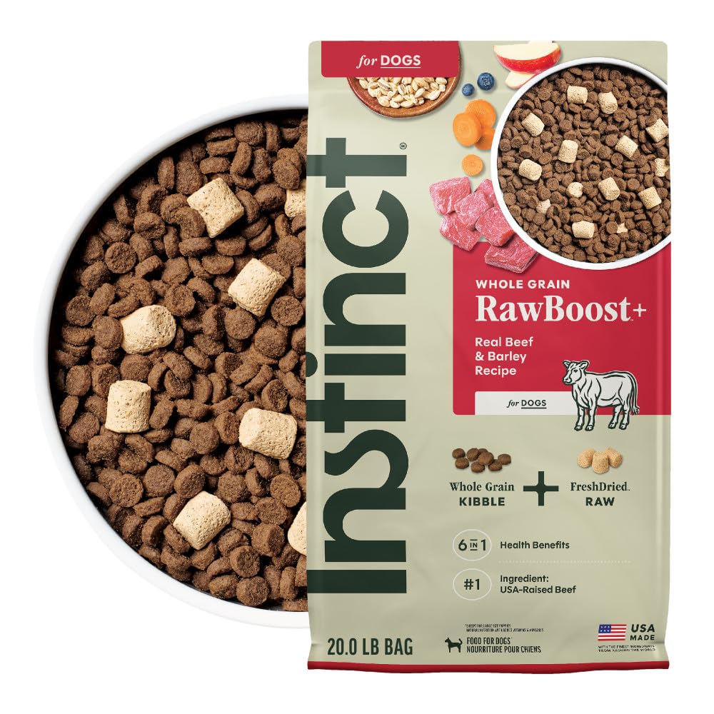 Instinct RawBoost sac d'aliments secs, boeuf et orge, parfait pour chiens actifs.