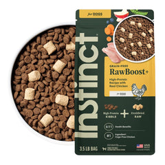Instinct RawBoost sachet poulet réel: croquant et nutrition naturelle pour chiens actifs.