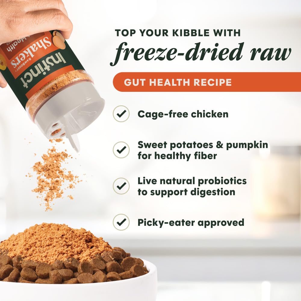 Instinct RawBoost Topper poulet, assaisonnement savoureux pour croquettes et hydratation légère.