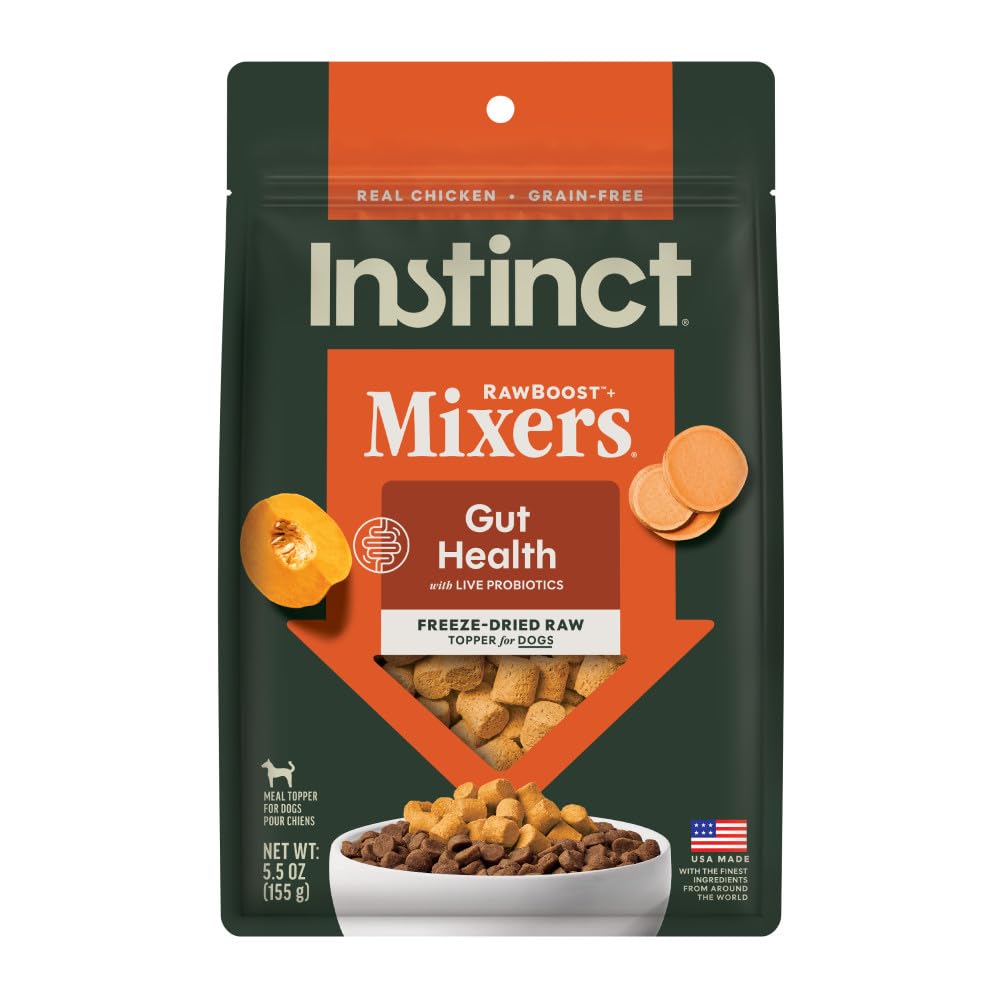 Instinct RawBoost Topper poulet cage-free sur bol, enrichit l’alimentation du chien