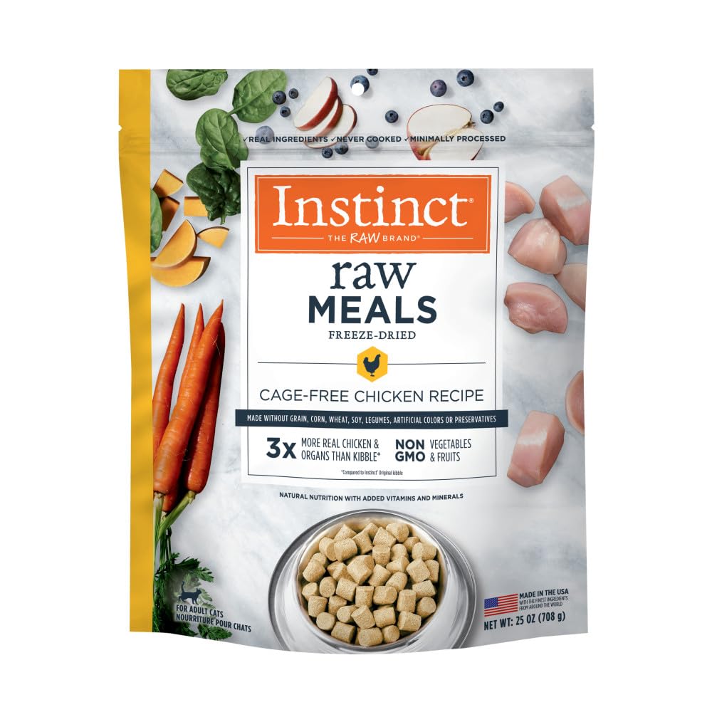 Repas crus lyophilisés Instinct au poulet pour chat, sachet 25 oz, protéines élevées.