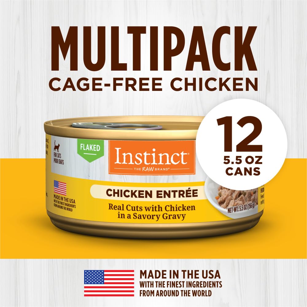 Instinct sans céréales: entrée en conserve, convient aux chats sensibles.