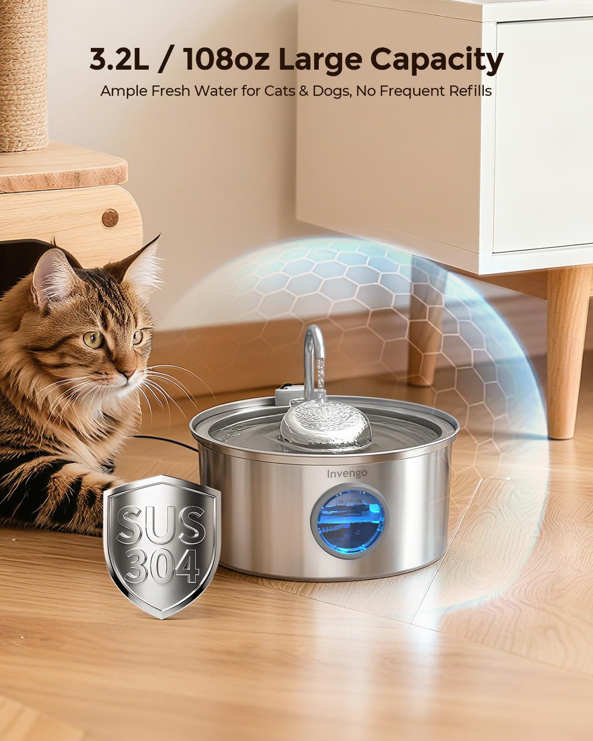 Fontaine Invengo silencieuse à 20 dB pour animaux sensibles.