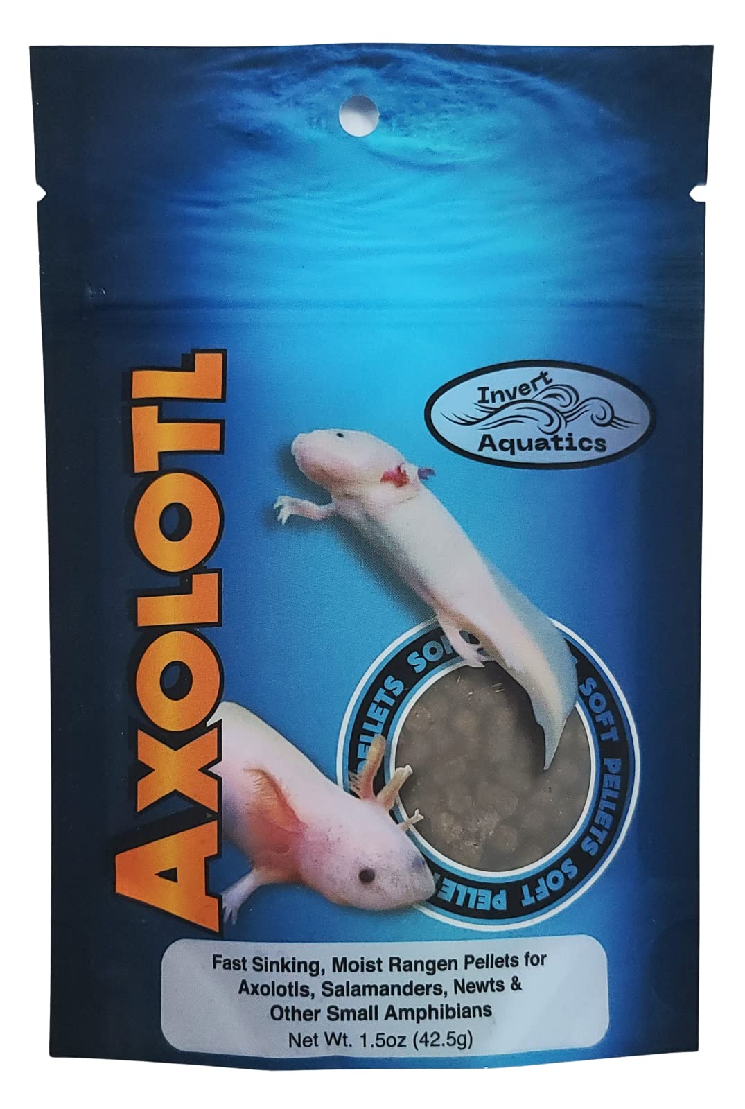 Invert Aquatics pellets doux et mouillés pour axolotls, alimentation simple et efficace.