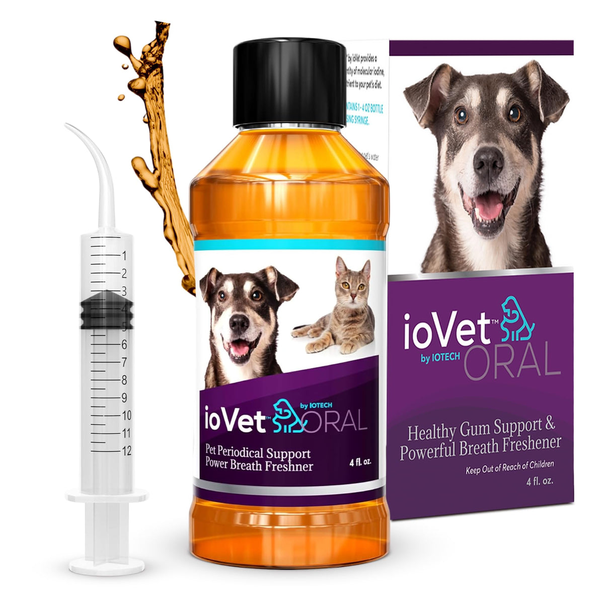 ioVet Oral: ajout d'eau pour améliorer l'hygiène buccale des animaux.
