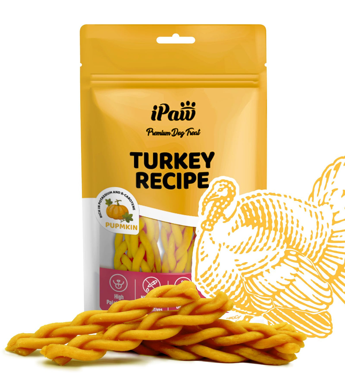 Friandises ipaw dinde braidee potiron, récompense idéale lors du dressage.