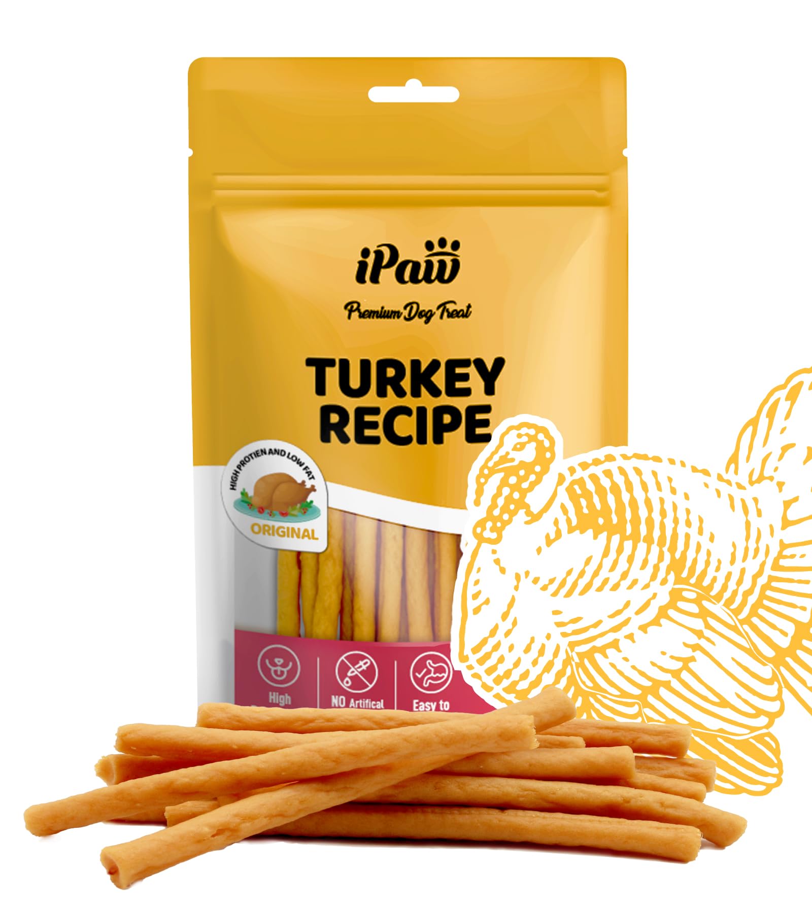 iPaw friandises dinde pour chien emballage, friandises naturelles parfaites pour l'entraînement.