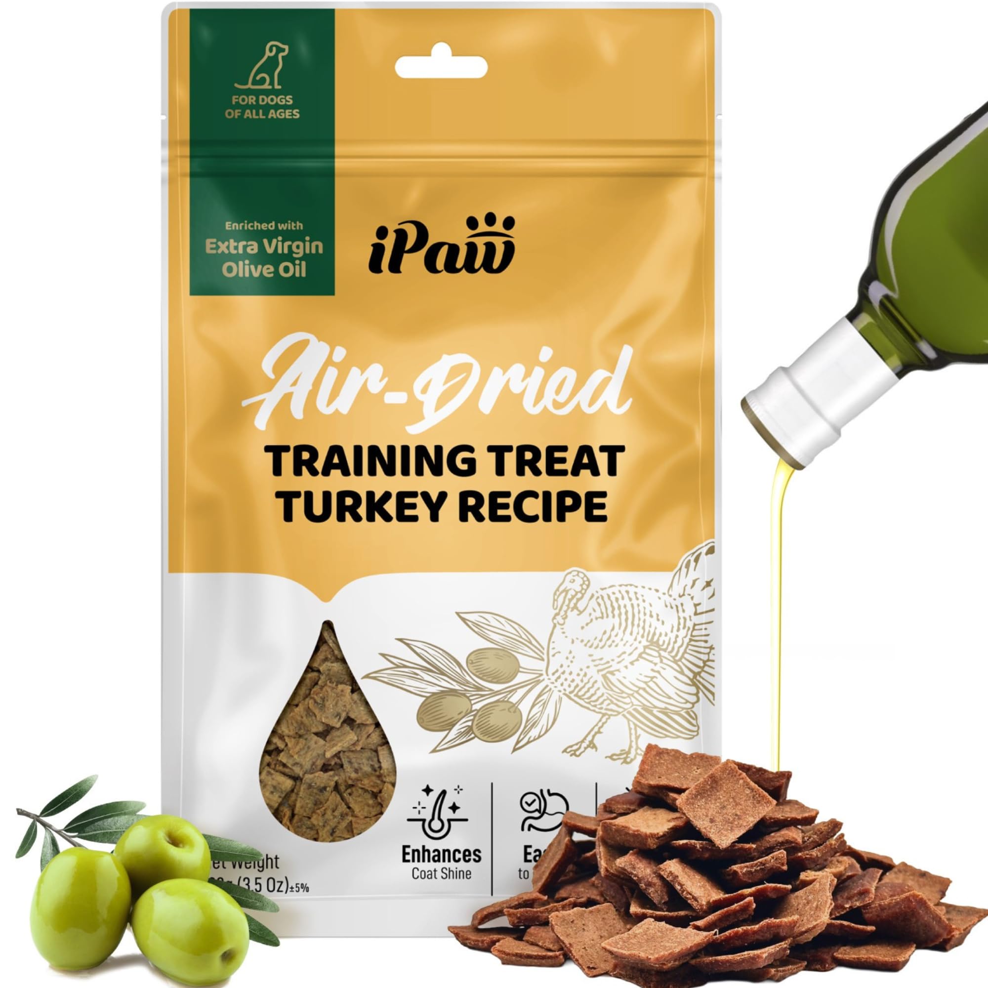 iPaw friandises dinde séchées dans le sachet, récompense protéinée et facile à donner.