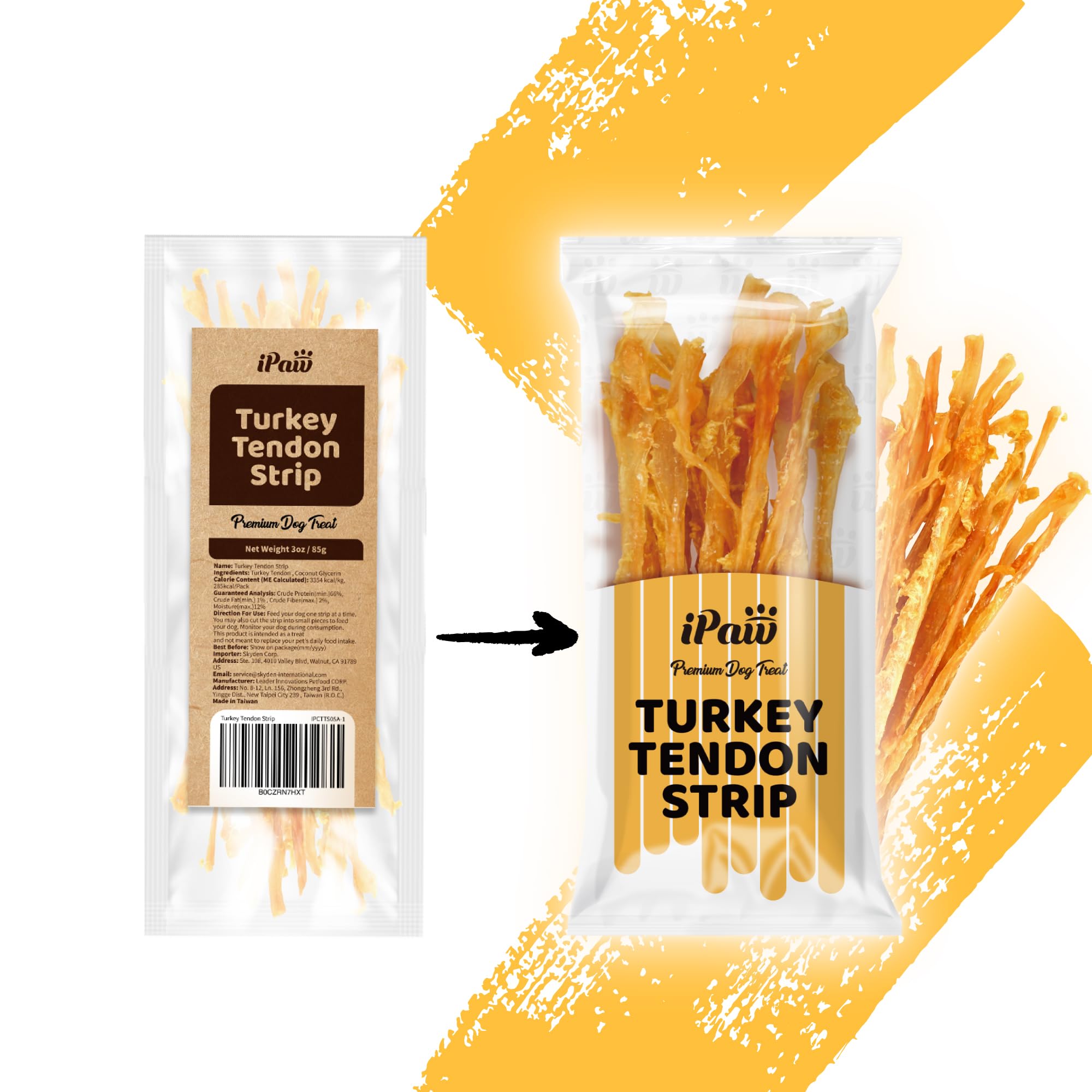 iPaw Tendons de dinde – Emballage soigné et sans additifs pour une provenance transparente.