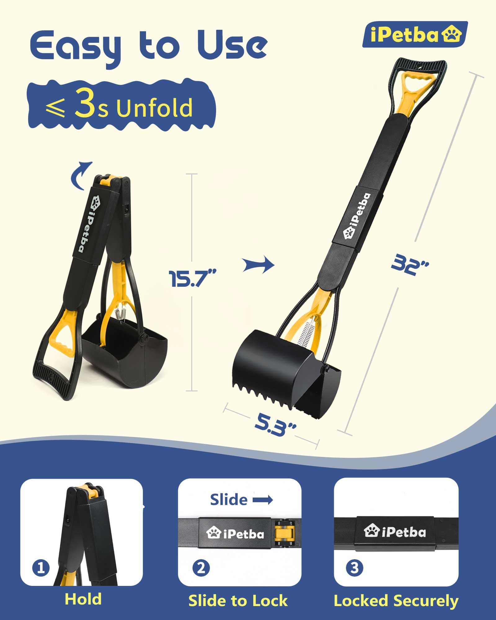 iPetba ramasse-crottes, pliable pour rangement pratique dans le coffre.