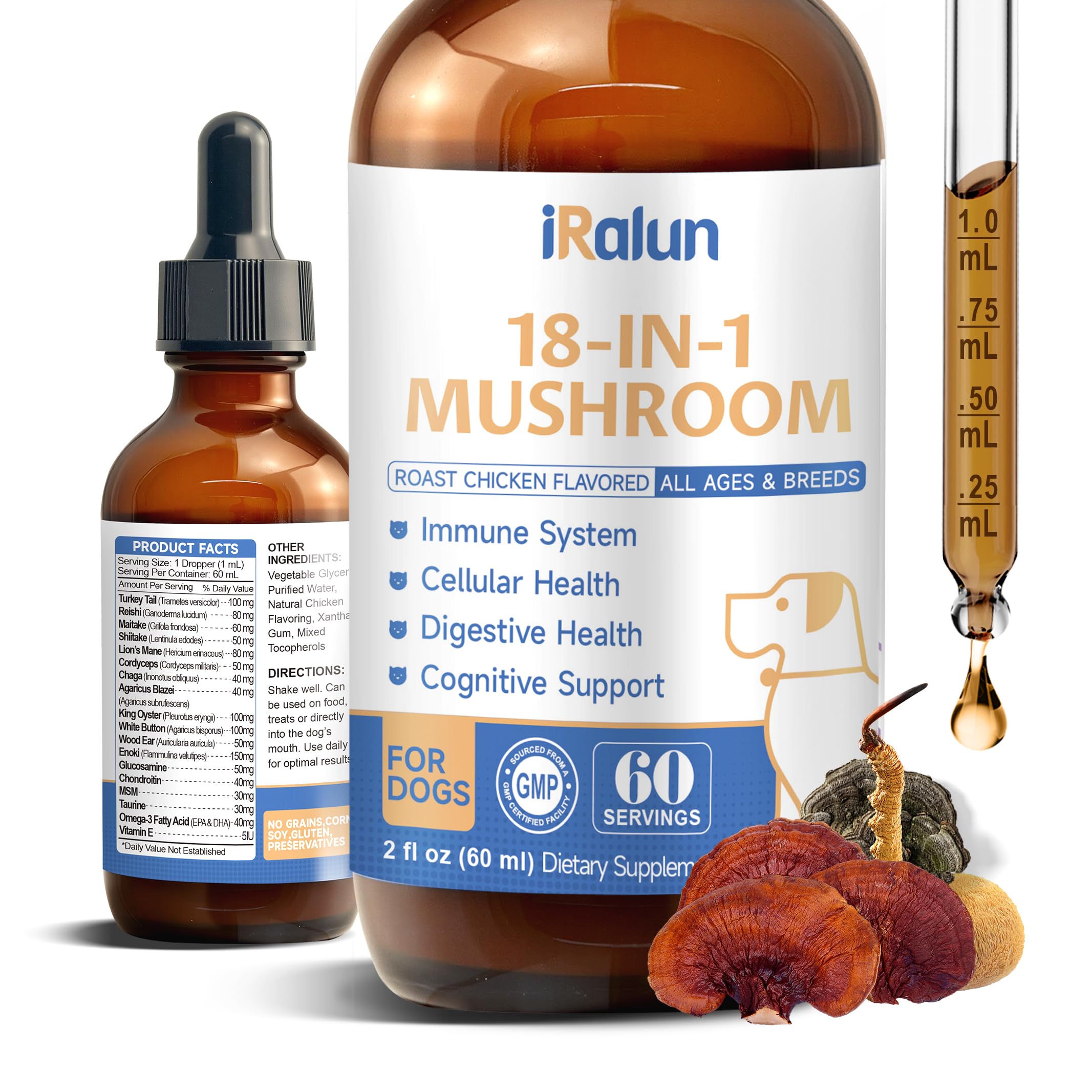 Bouteille IRALUN 60 ml champignons chien, utilisation quotidienne possible.