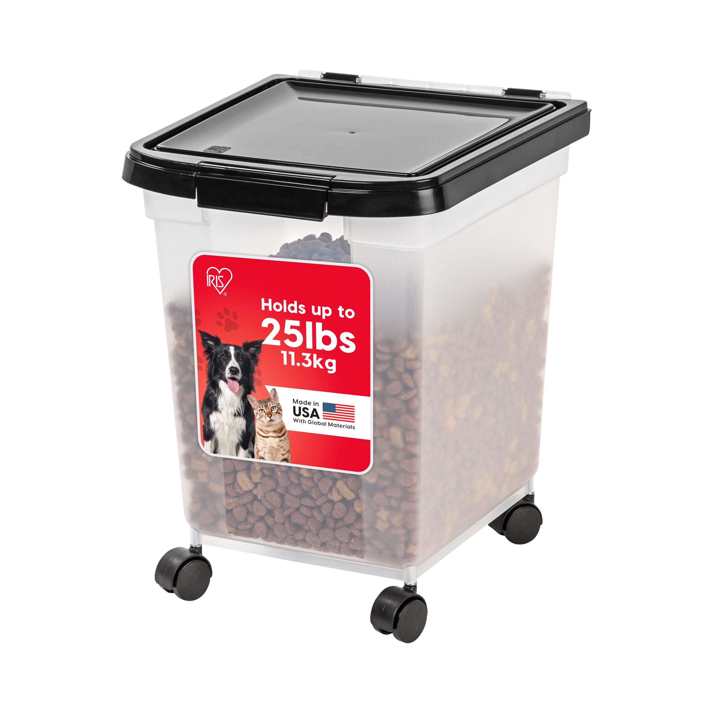 IRIS USA pot étanche montrant la contenance jusqu'à 25 lb pour nourriture animale.