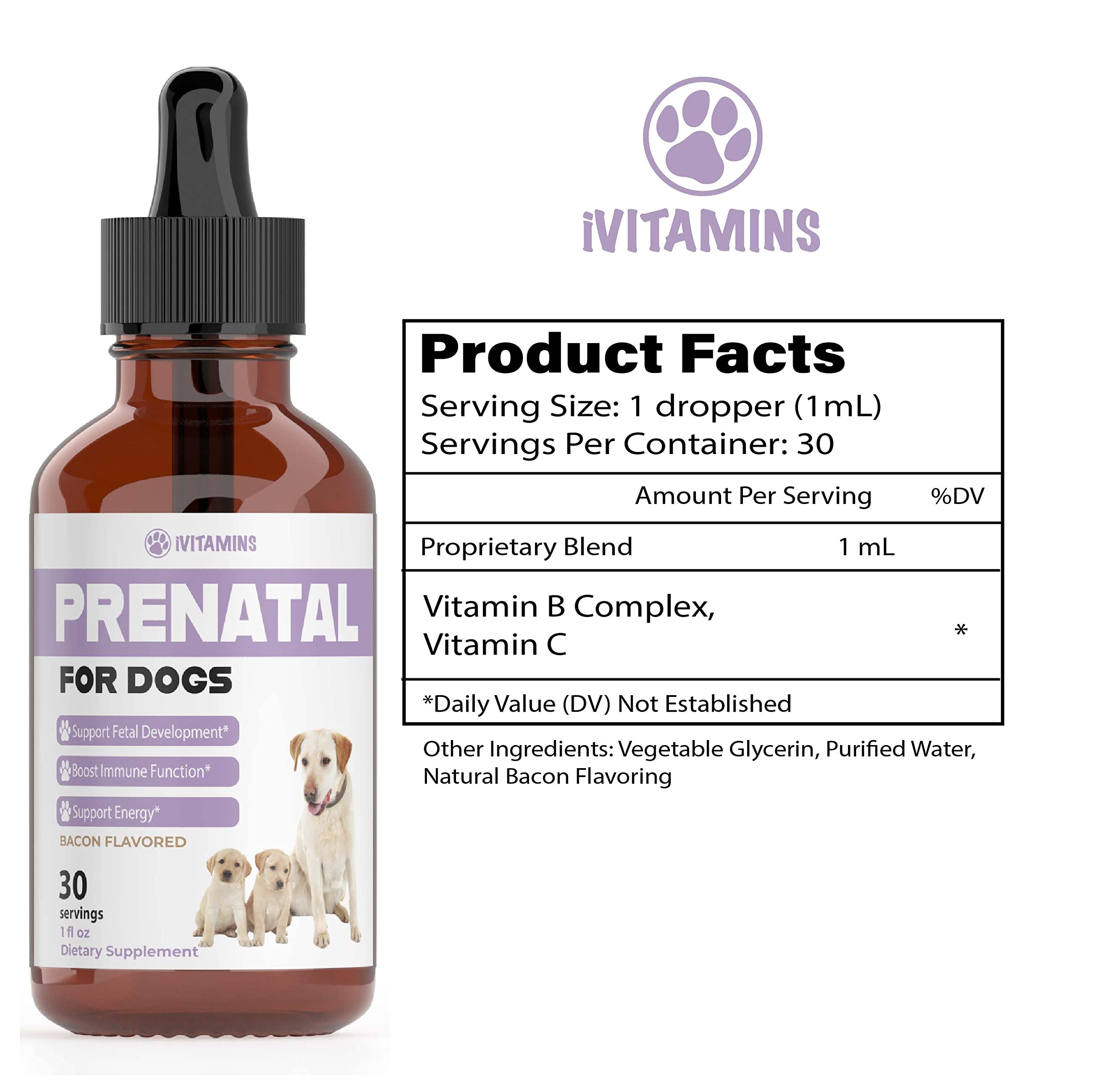 iVitamins Chien Prenatal, gouttes au bacon, arôme naturel apprécié.