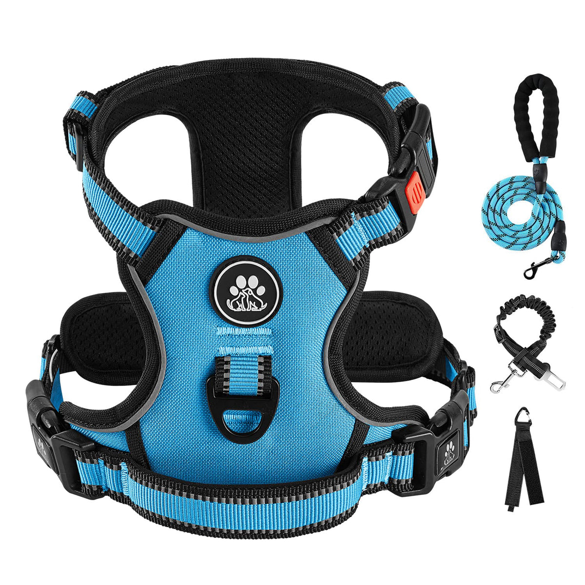 Harnais IVY&LANE bleu vu de face pour chien moyen, confort et liberté de mouvement.